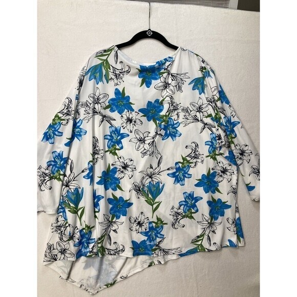 New DG2 Diane Gilman Floral Top Shirt 3/4 Sleeves Blue White Black Floral Ruffle - Picture 8 of 14